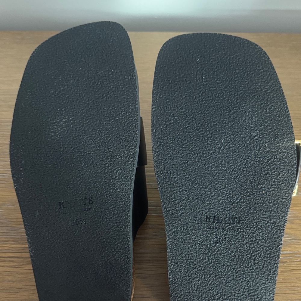 New Khaite Thompson Black Leather Slide Sandals with Gold Buckle - Picture 5 of 7